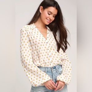 Free People Willow Yellow Print Long Sleeve Button-Up Bodysuit
